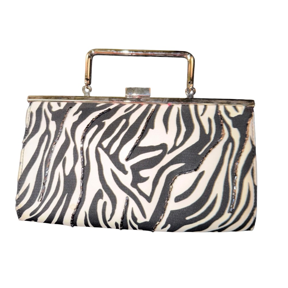 Vintage Liz Claiborne Zebra Print Clutch Evening Bag Beaded Accents Formal